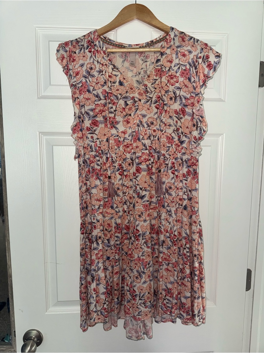 Angie Peach Floral V-Neck Mini Dress with Cap Sleeves